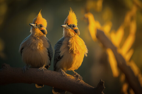 pair of Crested Cagou birds (Rhynochetos jubatus), perched on a branch at golden hour, in forest