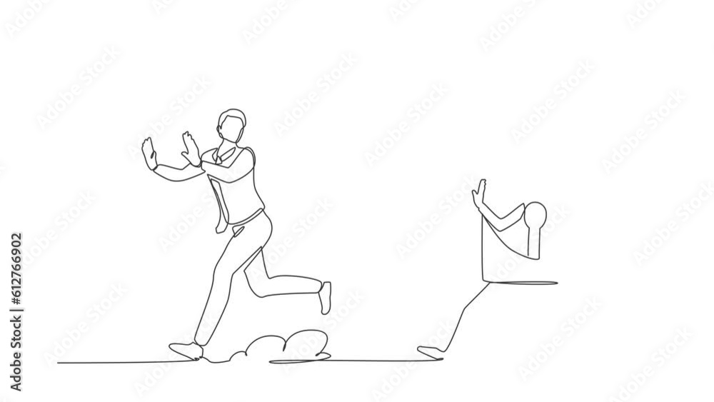Poster self drawing animation of single one line draw stressed businessman being chased by padlock. worker 