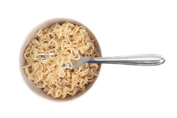 Cooked instant vermicelli in bowl and fork isolated on white