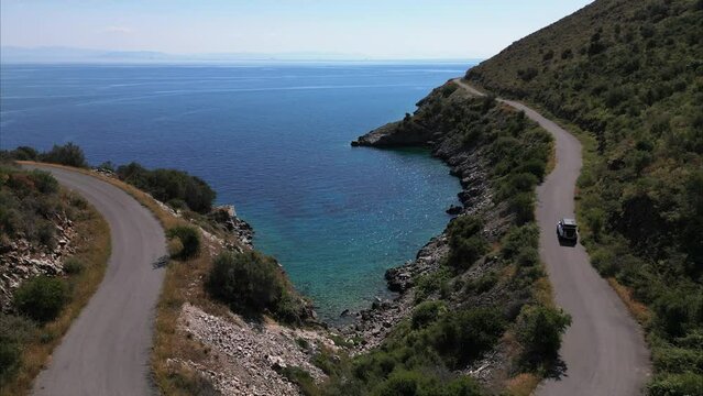 Scenic Coastal Road Trip Through a Mediterranean Bay &ndash; Car Driving Along Winding Seaside Roads