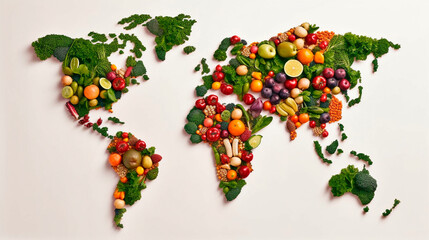 Fototapeta premium world map consisting of fruits and vegetables on a white background. Generative AI,