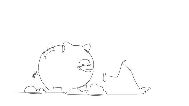 Animated self drawing of single continuous line draw stressed businessman being chased by piggy bank. Financial crisis, economic disaster. Minimal metaphor concept. Full length one line animation