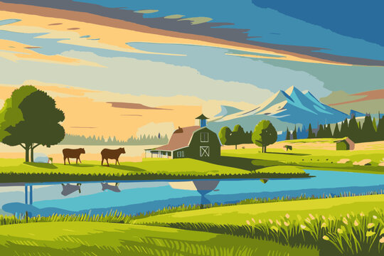Cows on a dairy farm. Vector illustration of cows in the field.