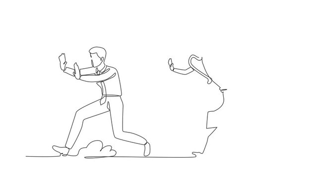 Self drawing animation of single one line draw stressed businessman being chased by trophy. Failed with business direction, mission, goal, success, victory. Continuous line draw. Full length animated
