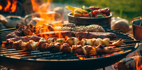 cooking outdoors by the campfire for food on the fire grill in the backyard. Generative AI,