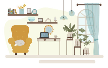 interior of working cabinet with furniture and accessories. Design of Living room. Vector illustration in flat style