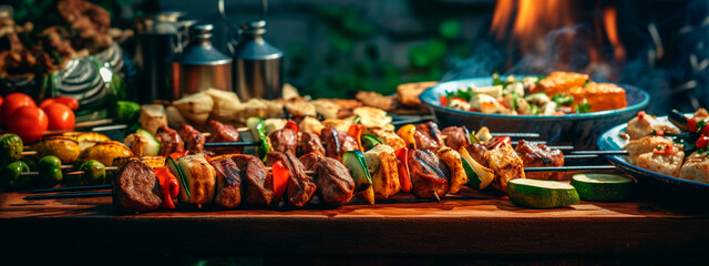 cooking outdoors by the campfire for food on the fire grill in the backyard. Generative AI,