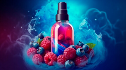 Bottle with liquid. Vaping. Flavored e-liquid. Berries and fruits, Generative AI,