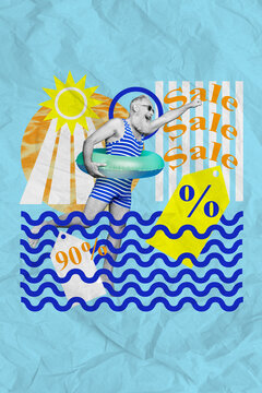 Vertical collage image of excited black white gamma grandfather inflatable ring swim big sale proposition drawing sun isolated on paper blue background