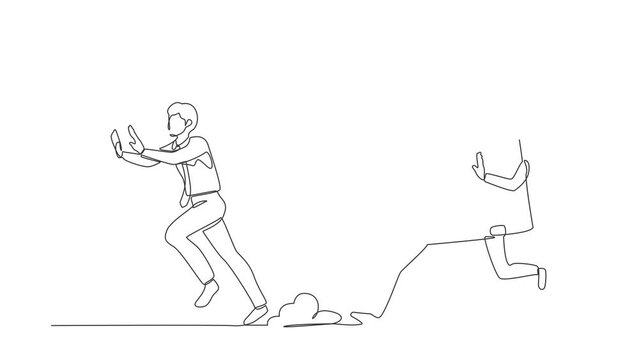 Self drawing animation of single line draw stressed businessman being chased by briefcase. Chased by high performance active project. Minimal metaphor concept. Continuous line. Full length animated