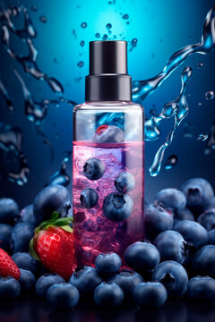 Bottle with liquid. Vaping. Flavored e-liquid. Berries and fruits, Generative AI,
