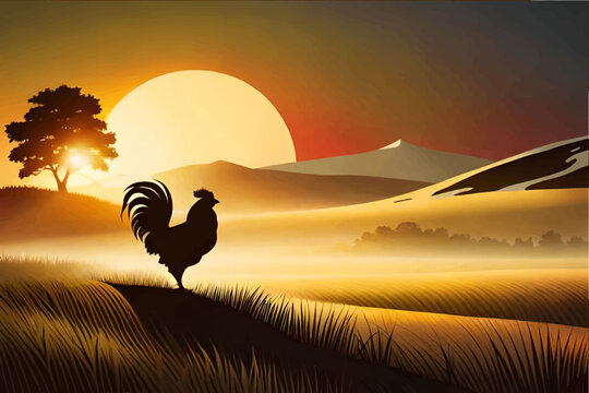 Silhouette of a rooster on a background of dawn. Vector illustration of a rooster.