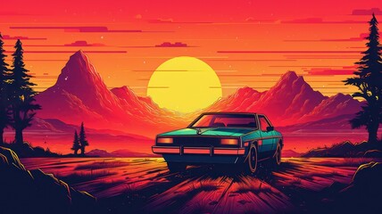 Summer vibes 80s style illustration with car driving into sunset. Generative AI