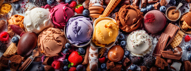 Variety of ice cream and frozen treats of berries and fruits. Generative AI,