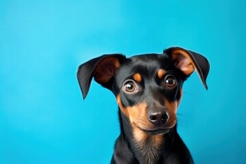 Portrait of a black-brown dog of the German Pinscher breed on a blue background. Copy Space. Generative AI