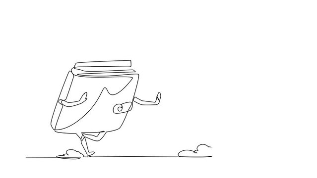 Animated self drawing of continuous line draw businesswoman being chased by wallet. Female worker losing money, wasteful spending, gone money. Minimalist metaphor. Full length single line animation
