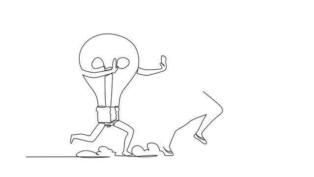 Animated self drawing of single continuous line draw businesswoman being chased by light bulb. Female manager losing business idea, inspiration, innovation. Minimalism. Full length one line animation
