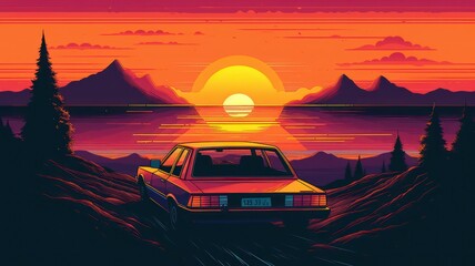 Fototapeta na wymiar Summer vibes 80s style illustration with car driving into sunset. Generative AI