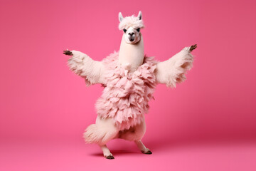 funny dressed alpaca llama moves and dances on pink background, Generative AI