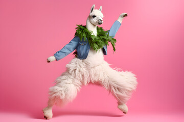 funny stylish dressed alpaca llama moves and dances on pink background, Generative AI