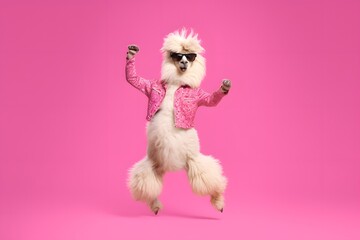 stylish 80's clothes alpaca llama in glasses. in motion on pink background, Generative AI - obrazy, fototapety, plakaty