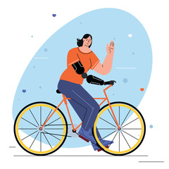 World disabled day. International Day of Persons with Disabilities. A happy woman with prosthetic hands leads an active lifestyle, cycling.vector illustration. for web, infographics, mobile. Flat