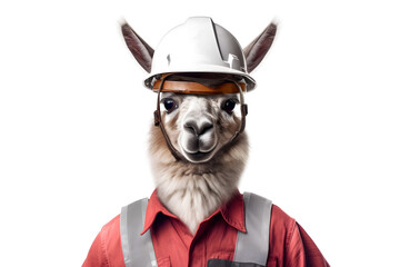 cute llama in construction worker suit on white background, Generative AI