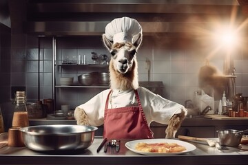 happy llama chef cooks food in the kitchen, Generative AI - obrazy, fototapety, plakaty