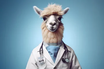 Foto auf Alu-Dibond elegant llama alpaca in a white doctor's coat on a blue background, Generative AI © gankevstock