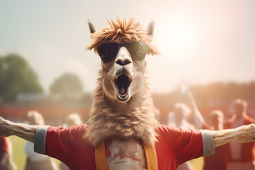 llama football fan in tracksuit emotionally shouts at stadium background, Generative AI - obrazy, fototapety, plakaty