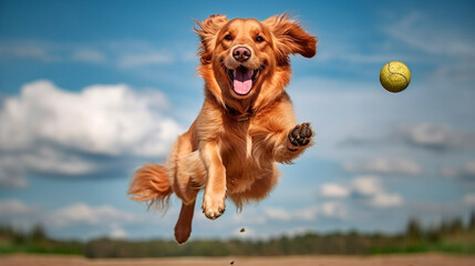 The dog happily jumps in the air, catching the ball. Generative AI,