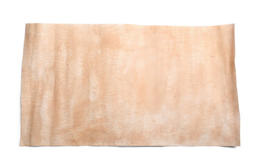 Blank sheet of old parchment paper on white background, top view