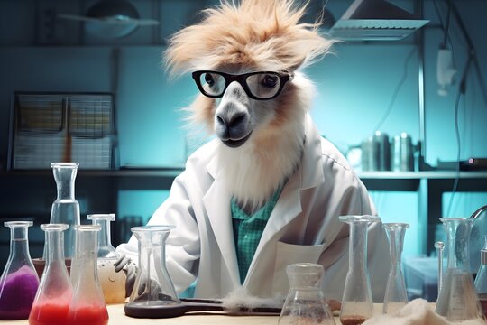 cute llama scientist works in the laboratory, Generative AI