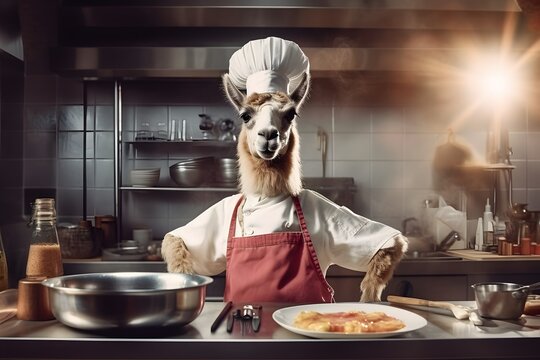 happy llama chef cooks food in the kitchen, Generative AI