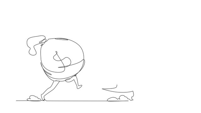 Self drawing animation of single line draw Arab businessman being chased by money bag. Loss in business profit, running out for money. Minimal metaphor concept. Continuous line. Full length animated