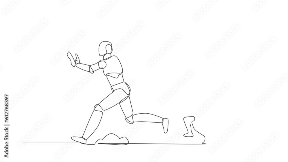 Poster self drawing animation of single line draw stressed robot being chased by stopwatch. afraid in proje