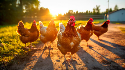 a group of chickens near the farm in the sun looks at the camera. Generative Ai, - obrazy, fototapety, plakaty