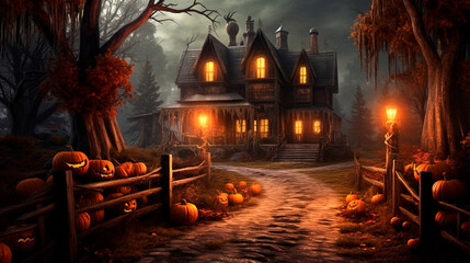 Obraz premium Dark halloween background with pumpkins. Generative AI,