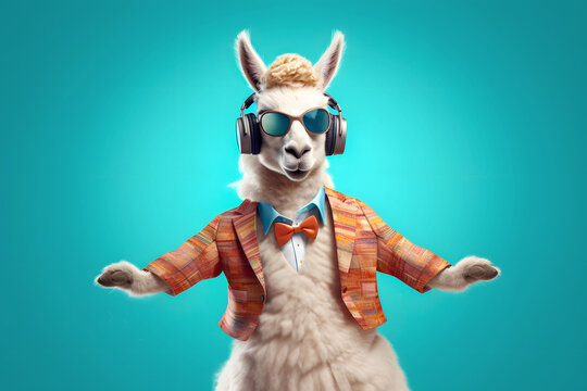 stylish lamma in headphones and trendy glasses on blue background, Generative AI