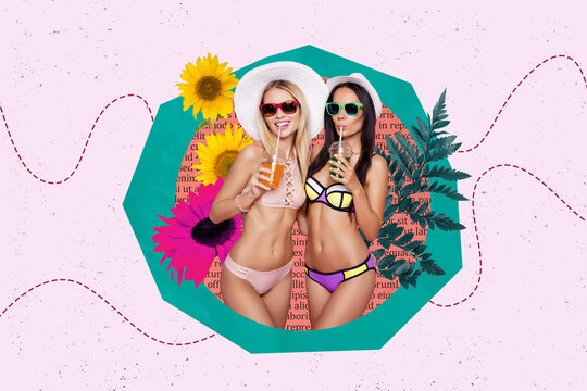 Artwork collage picture of two positive slim figure girls sunglass enjoy drink cocktail flowers plant leaves isolated on drawing background