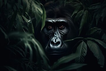 Beautiful gorilla peeking through leaves in the rainforest. Generative AI