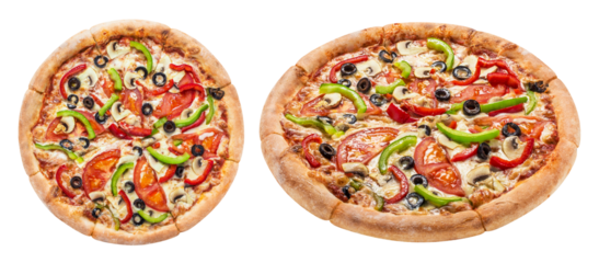 Delicious vegetarian pizza with tomatoes, mushrooms, mozzarella, peppers and olives, cut out