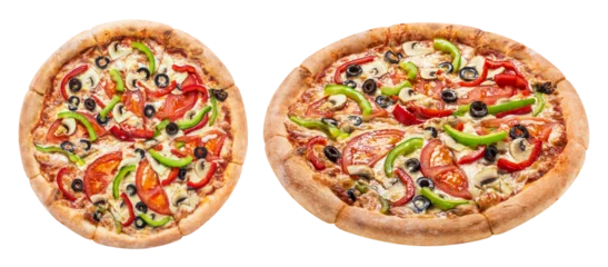 Foto op Plexiglas Delicious vegetarian pizza with tomatoes, mushrooms, mozzarella, peppers and olives, cut out © Yeti Studio