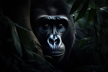 Obraz premium Beautiful gorilla peeking through leaves in the rainforest. Generative AI
