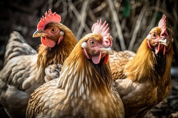 A group of hens and roosters looks at the camera. Generative AI