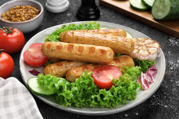Delicious grilled vegan sausages with fresh herbs and vegetables on grey table