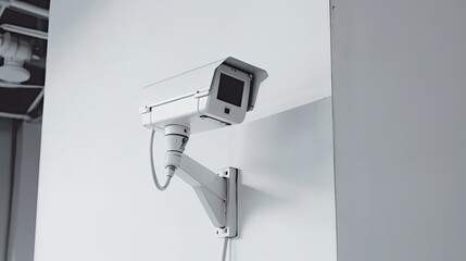 CCTV camera on a wall with a white background, video surveillance and observation. Generative AI