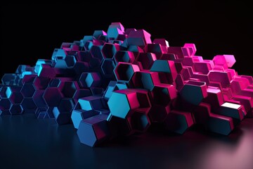 3D background of hexagons with blue and pink geometric shapes. Generative AI