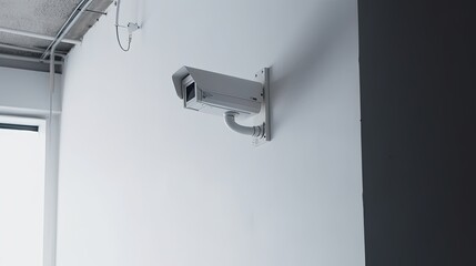 CCTV camera on a wall with a white background, video surveillance and observation. Generative AI