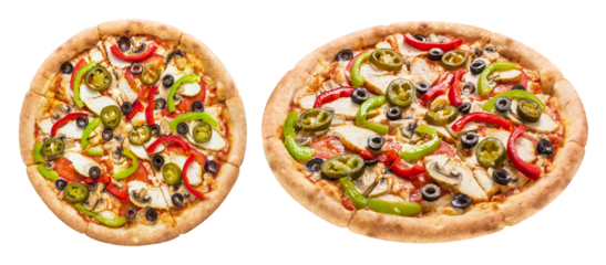 Delicious pizza with mushrooms, mozzarella, peppers, tomatoes and olives, cut out